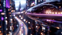 Futuristic cityscape reflected in curved glass surface with purple neon lights, blurred traffic trails and bokeh effects creating modern urban atmosphere.