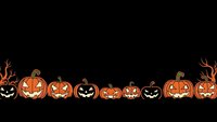 Row of carved Halloween pumpkins with glowing faces on black background for seasonal decorations and spooky holiday designs.