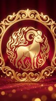 Golden Aries ram zodiac sign in ornate baroque frame on burgundy background with glowing bokeh lights for astrology and horoscope designs.