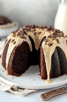 Chocolate bundt cake with creamy vanilla glaze dripping down sides, topped with chocolate sprinkles, served on white plate. Cut slice reveals moist dark interior.