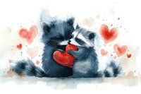 Adorable raccoon couple sharing red heart, romantic watercolor illustration with heart shapes background, tender wildlife love scene for Valentine's day designs.