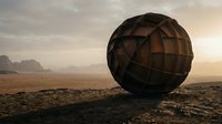 Large geometric sphere structure resting on arid desert landscape with mountains in distant background, suitable for architectural visualization, sci-fi concepts, and surreal design projects.