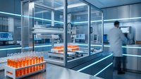 Modern laboratory with automated equipment and scientist in motion blur conducting research with orange test tubes and advanced technology systems.