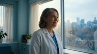 Middle-aged Hispanic female doctor in white coat smiling by hospital window with city skyline view. Healthcare professional portrait for medical marketing.