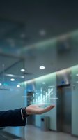 Businessman hand presenting holographic growth chart with performance metrics in modern office corridor for business analytics and financial success.