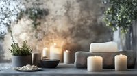 Tranquil spa composition with burning candles, aromatic herbs, stones and white towel on misty background creating zen atmosphere for wellness and relaxation.