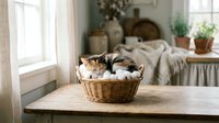 Tabby cat relaxing in wicker basket on wooden table in bright bedroom with natural light, perfect for home decor and pet lifestyle content.