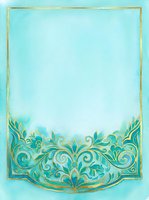 Turquoise watercolor background with ornate gold and teal decorative border frame, elegant botanical flourishes, isolated on white space for invitations, greeting cards, wedding stationery, and design projects.