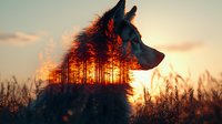 Wolf silhouette with forest double exposure effect against dramatic sunset sky, pine trees ablaze in orange light creating mystical nature composition.