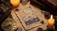 Mystical tarot card reading setup with candles, crystals and ancient books for spiritual guidance and fortune telling sessions.