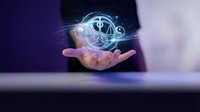 Businessperson holding glowing digital scale symbol with light effects, representing balance, justice, law, compliance, and fair business practices in modern corporate environment.