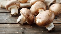 Fresh brown champignon mushrooms with water drops on rustic wooden background, macro food photography for restaurant menu and cooking design.