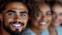 Young diverse group of friends smiling and laughing together, showing genuine joy and connection in casual setting. Natural lighting highlights authentic expressions.