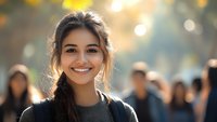 Young Asian woman with natural makeup and casual sweater smiling outdoors on sunny autumn day with blurred crowd in background, expressing joy and confidence.