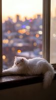 White fluffy cat resting on windowsill gazing at blurred city skyline at sunset with bokeh lights, urban apartment view for home decor and lifestyle content.