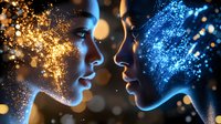 Faces of man and woman in profile with magical gold and blue glowing particles, representing duality, connection and spiritual energy in relationships.