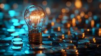 Glowing light bulb surrounded by coins representing innovation, investment and financial growth concepts for business and entrepreneurship projects.