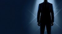 Silhouette of a man in business suit standing against glowing blue light background, representing leadership, success, and corporate power for business presentations and marketing materials.