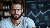 Young Caucasian businessman with beard and glasses looking confidently at camera against blurred chalkboard with financial graphs and charts in modern office background.