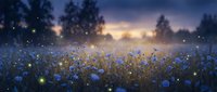 Enchanted meadow with glowing blue flowers and magical fireflies at twilight creating dreamy fantasy landscape for fairy tale designs and mystical artwork.