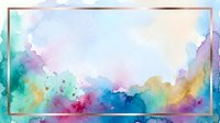 Watercolor paint splashes in vibrant rainbow colors blend across white background, creating abstract artistic border frame for design projects and creative layouts.
