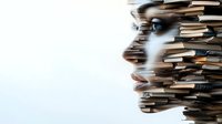 Young African American woman profile merged with stack of books creating surreal double exposure effect, representing knowledge, education and personal growth.