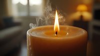 Burning beige candle with rising smoke trail against blurred warm background creates peaceful ambiance for meditation and relaxation practices.