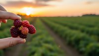 Fresh ripe blackberries in hands at sunset over agricultural field rows. Organic berry harvest concept for healthy eating and farm produce marketing.
