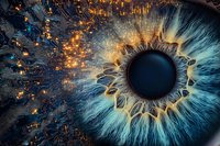 Macro view of luminous human iris with glowing sparks and fire elements, combining organic texture with magical light effects in blue and orange tones.