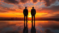 Two businessmen in suits standing on reflective surface against dramatic orange sunset sky and city skyline silhouette, symbolizing leadership and success in business.