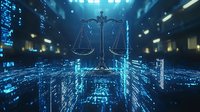 Scales of justice symbol floating in digital cyberspace with glowing blue technology grid and city buildings, representing digital law and cybersecurity concept.