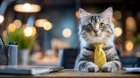 Gray tabby cat wearing yellow striped tie sitting at office desk with blurred bokeh background, representing business concept for corporate pet or animal workplace humor.