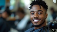 Young African American man with curly hair smiling at camera in modern barbershop setting with blurred background for lifestyle and grooming concepts.