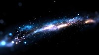 Cosmic dust trail with glowing particles and stars scattered across deep space creating magical light effects against dark universe background.