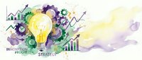 Watercolor business innovation concept with lightbulb, gears and growth charts representing creative strategy and entrepreneurial success in modern workplace.