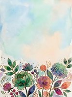 Watercolor floral border with colorful blooms, green leaves, and pastel blue sky background, perfect for greeting cards and invitations.