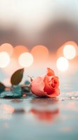 Single coral rose with water droplets on reflective surface against soft bokeh background in warm peach tones, creating romantic atmosphere.
