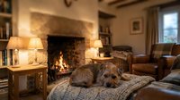 Cozy living room interior with fireplace and relaxed dog on sofa. Warm home atmosphere with leather furniture, wooden beams and soft lighting.