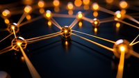 Abstract network connections with glowing golden nodes and lines representing digital connectivity, blockchain technology, and data communication systems.