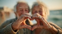 Senior couple making heart shape with hands at sunset beach, elderly romance love gesture, golden hour warm light, retirement happiness together.