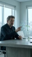 Middle-aged Caucasian male professional in dark business casual attire interacting with holographic digital interface at modern office desk with city skyline view.