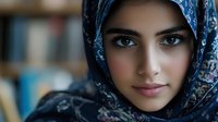 Close up portrait of young woman wearing traditional blue floral hijab headscarf, looking directly at camera with gentle smile and confident expression.