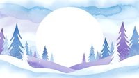 Watercolor winter landscape with snow-covered pine trees and mountains in purple and blue tones, featuring large white moon for seasonal designs.