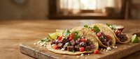 Crispy corn tortilla tacos filled with seasoned meat, fresh vegetables, and toppings on wooden serving board in rustic kitchen setting.