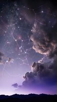 Mystical night sky with glowing constellation patterns and purple nebula clouds over mountain silhouette for astronomy and astrology designs.