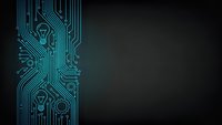 Circuit board pattern with glowing cyan lines on dark background for technology presentations and digital design projects.