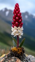 Vibrant red and white alpine orchid flower growing on rocky mountain terrain with blurred peaks in background. Perfect for nature publications.