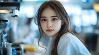 Young Asian woman in white blouse with natural makeup and flowing dark hair smiles softly in modern office environment with blurred background lighting creating professional ambiance.