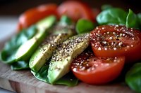 Fresh avocado and tomato salad with basil leaves on wooden cutting board, healthy vegetarian meal preparation for cooking and nutrition concepts.