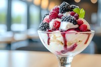 Fresh mixed berries dessert with whipped cream, blackberries, raspberries and sweet sauce served in elegant glass bowl against blurred restaurant background.
